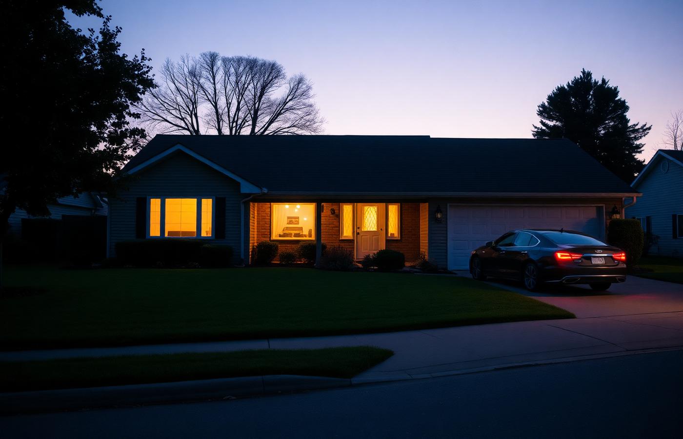 A suburban home at dusk with warm interior lights and a sedan in the driveway