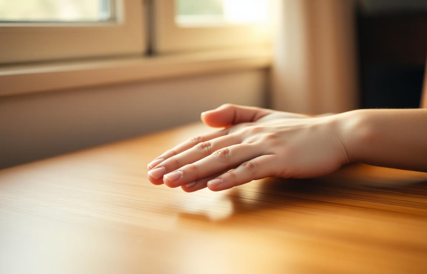 An adult hand resting protectively over a child's hand on a warm wooden table