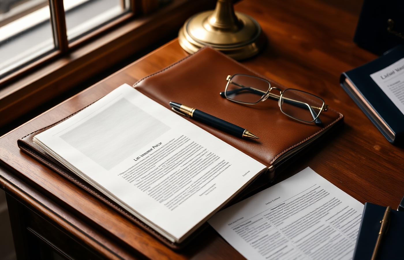 A leather portfolio with a fountain pen and reading glasses on a walnut desk