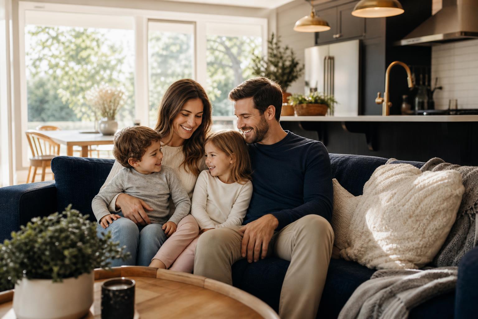 A young family together on a navy sofa in a bright, modern home